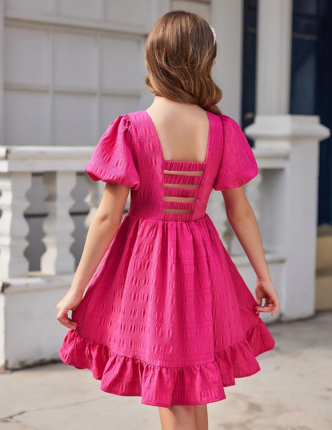 image:imageArshiner Girls Backless Dress Short Sleeve Square Neck Ruffle Hem Elegant DressesRose Red