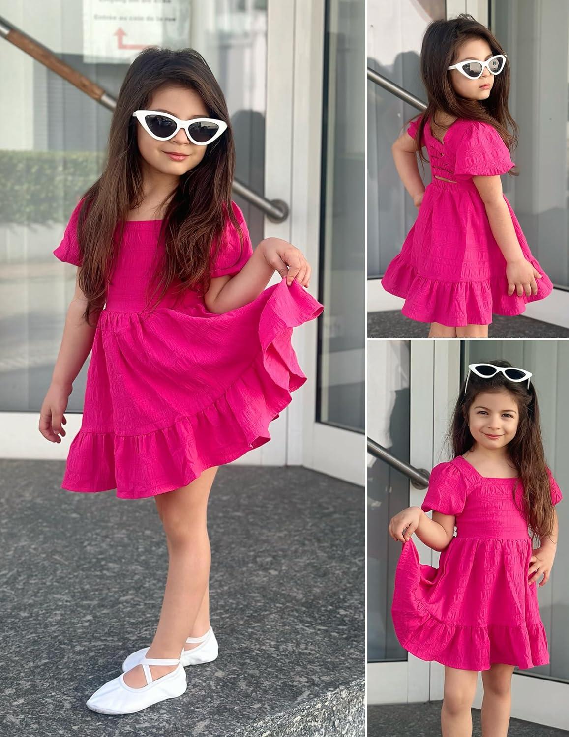 image:imageArshiner Girls Backless Dress Short Sleeve Square Neck Ruffle Hem Elegant DressesRose Red