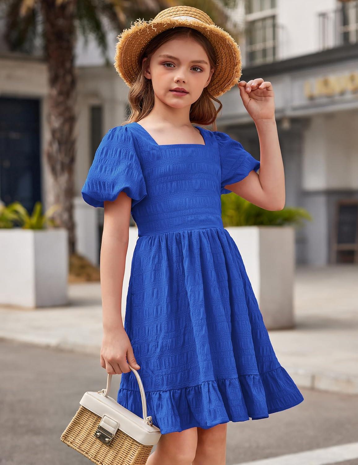 image:imageArshiner Girls Backless Dress Short Sleeve Square Neck Ruffle Hem Elegant DressesRoyal Blue