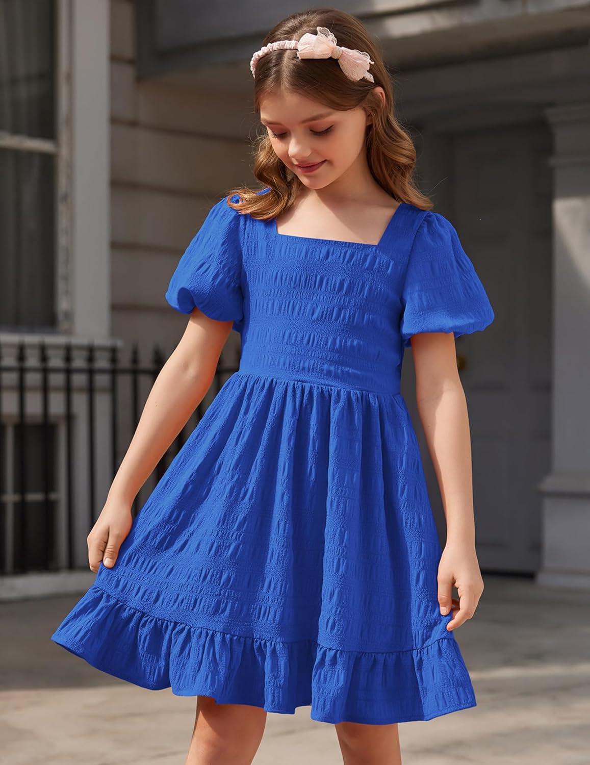 image:imageArshiner Girls Backless Dress Short Sleeve Square Neck Ruffle Hem Elegant DressesRoyal Blue