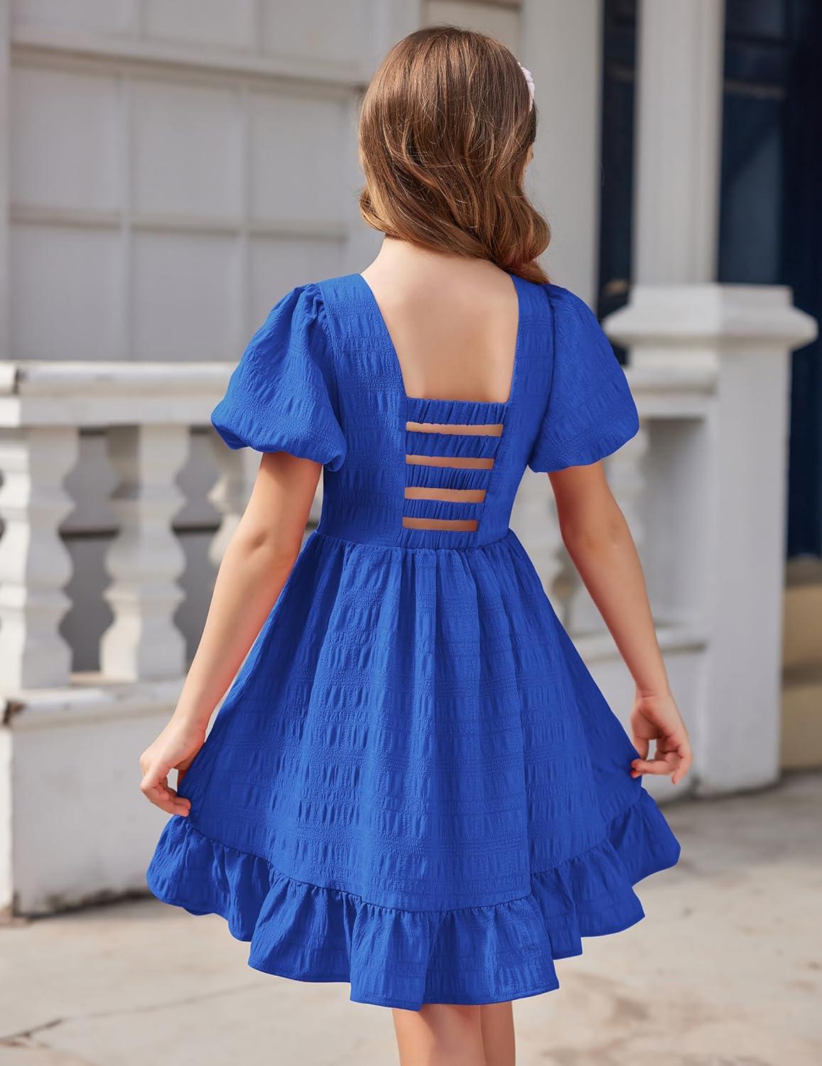 image:imageArshiner Girls Backless Dress Short Sleeve Square Neck Ruffle Hem Elegant DressesRoyal Blue