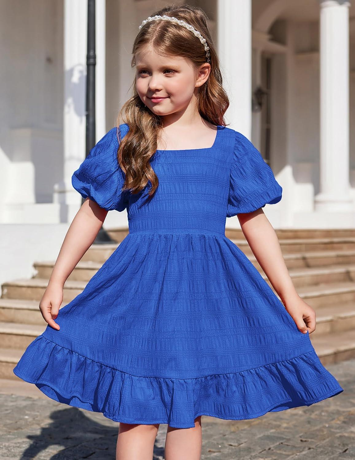 image:imageArshiner Girls Backless Dress Short Sleeve Square Neck Ruffle Hem Elegant DressesRoyal Blue