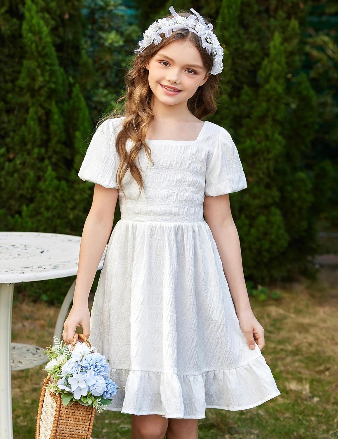 image:imageArshiner Girls Backless Dress Short Sleeve Square Neck Ruffle Hem Elegant DressesWhite