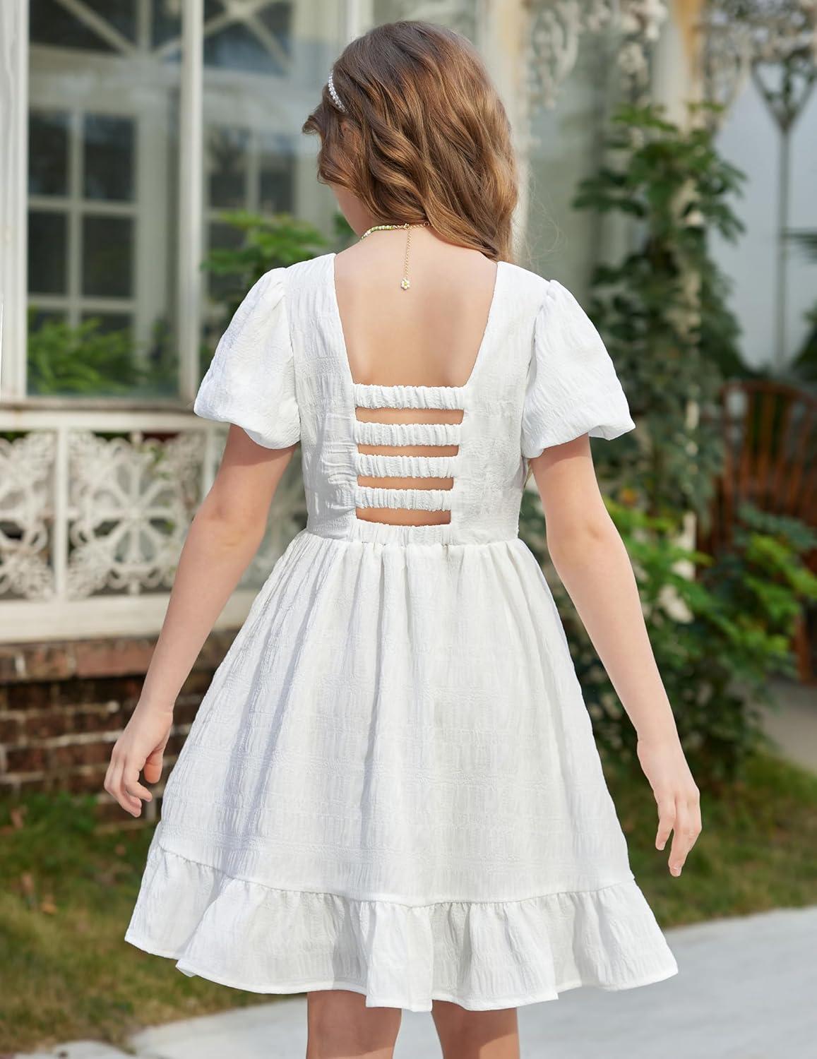 image:imageArshiner Girls Backless Dress Short Sleeve Square Neck Ruffle Hem Elegant DressesWhite