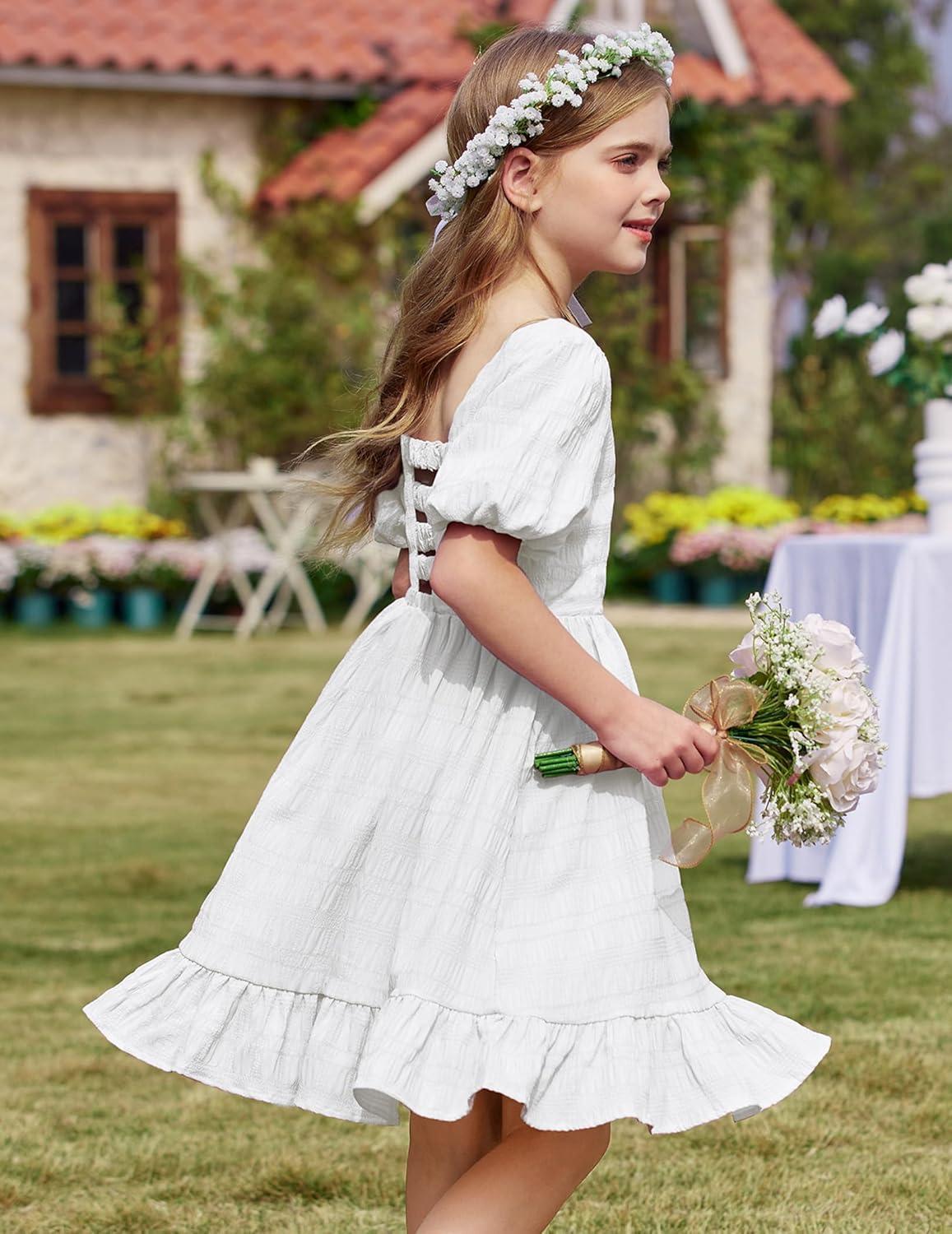 image:imageArshiner Girls Backless Dress Short Sleeve Square Neck Ruffle Hem Elegant DressesWhite