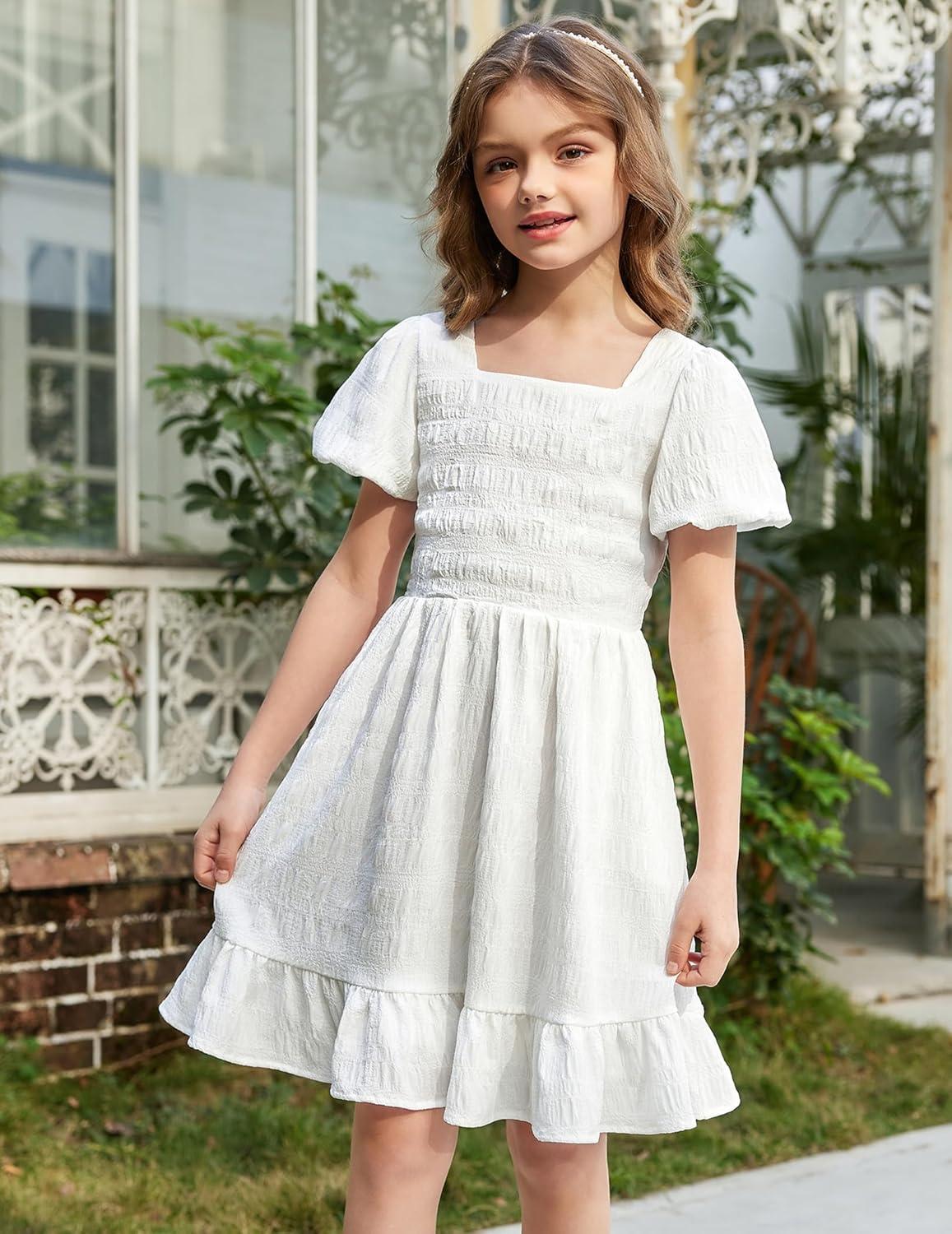 image:imageArshiner Girls Backless Dress Short Sleeve Square Neck Ruffle Hem Elegant DressesWhite