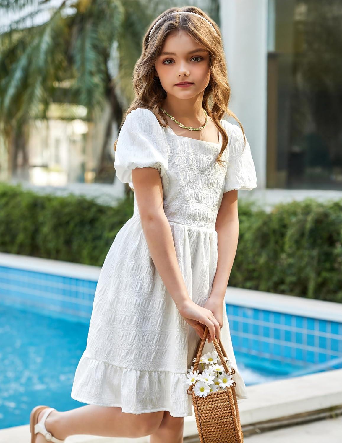 image:imageArshiner Girls Backless Dress Short Sleeve Square Neck Ruffle Hem Elegant DressesWhite