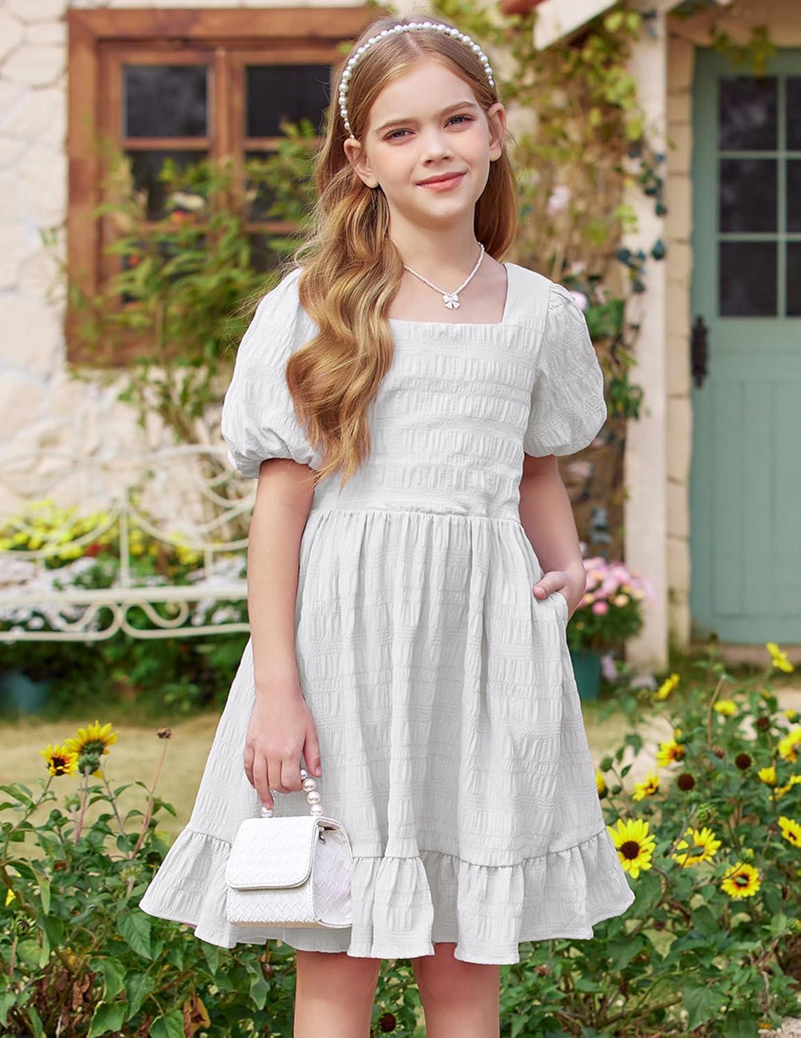 image:imageArshiner Girls Backless Dress Short Sleeve Square Neck Ruffle Hem Elegant DressesWhite