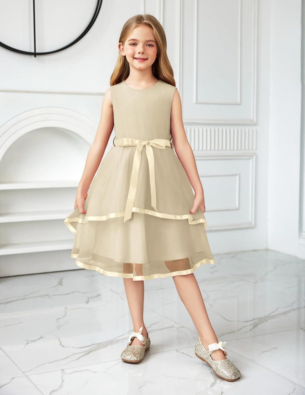 image:imageArshiner Girls Dress Formal Party Fluffy Tulle Sleeveless Belted Dresses Size 311YBeige