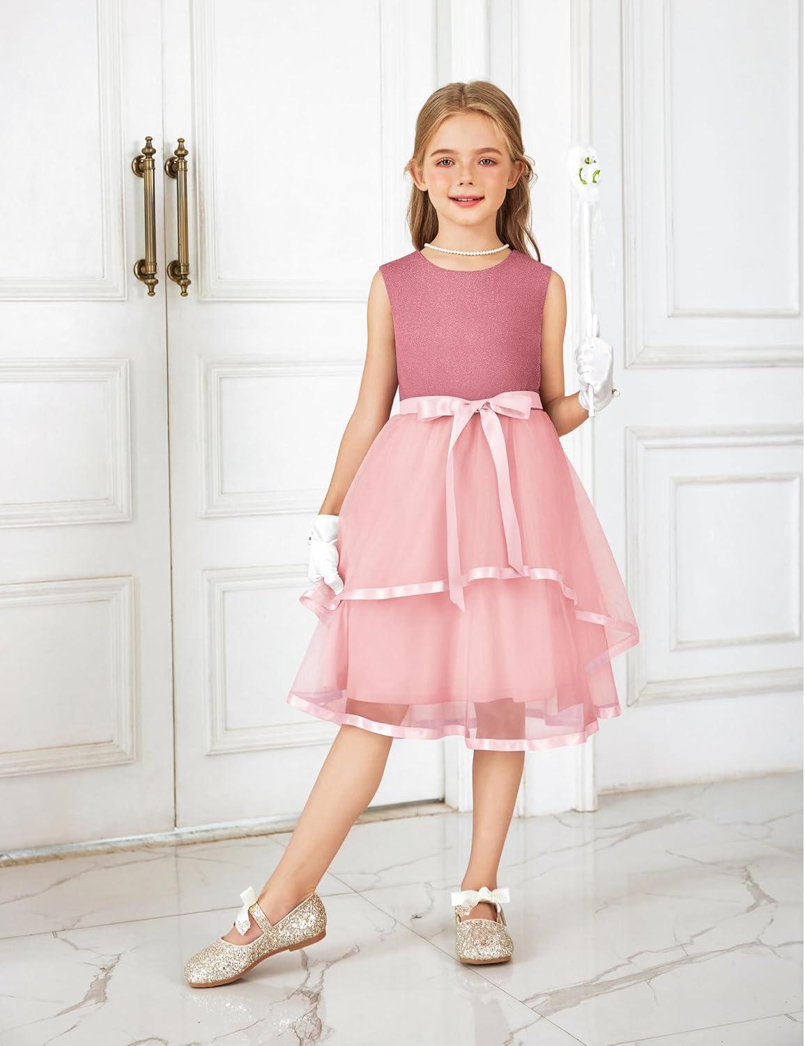 image:imageArshiner Girls Dress Formal Party Fluffy Tulle Sleeveless Belted Dresses Size 311YLight Pink