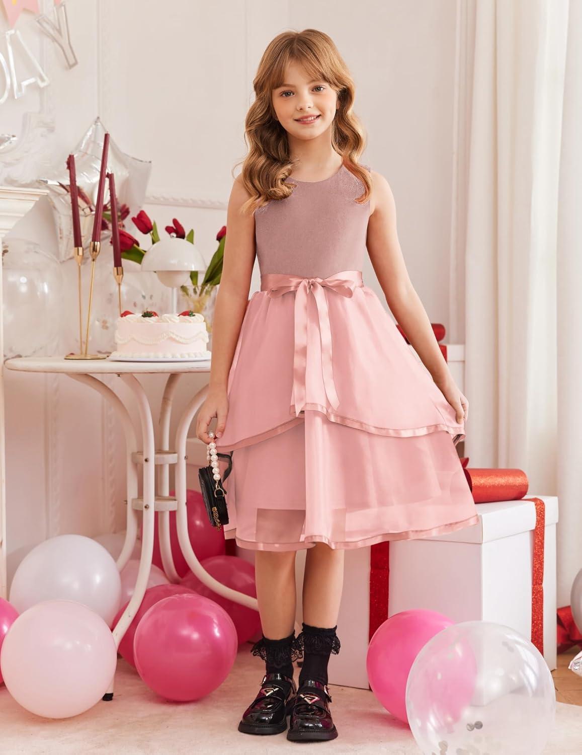 image:imageArshiner Girls Dress Formal Party Fluffy Tulle Sleeveless Belted Dresses Size 311YPink