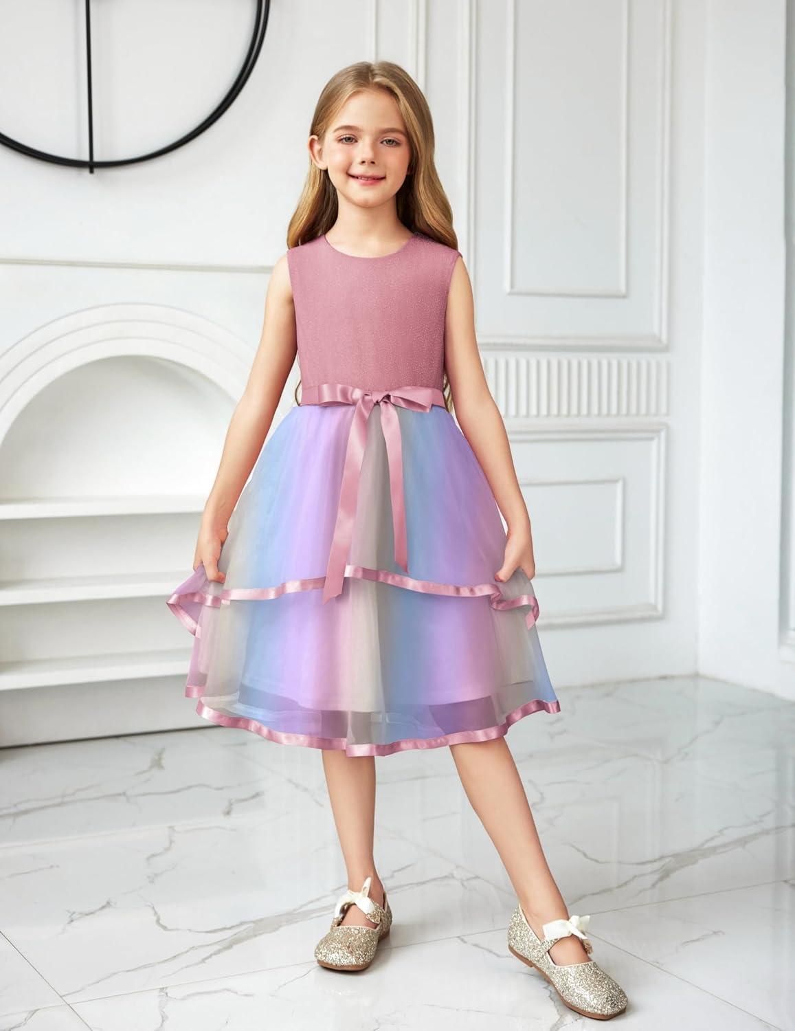 image:imageArshiner Girls Dress Formal Party Fluffy Tulle Sleeveless Belted Dresses Size 311YRainbow