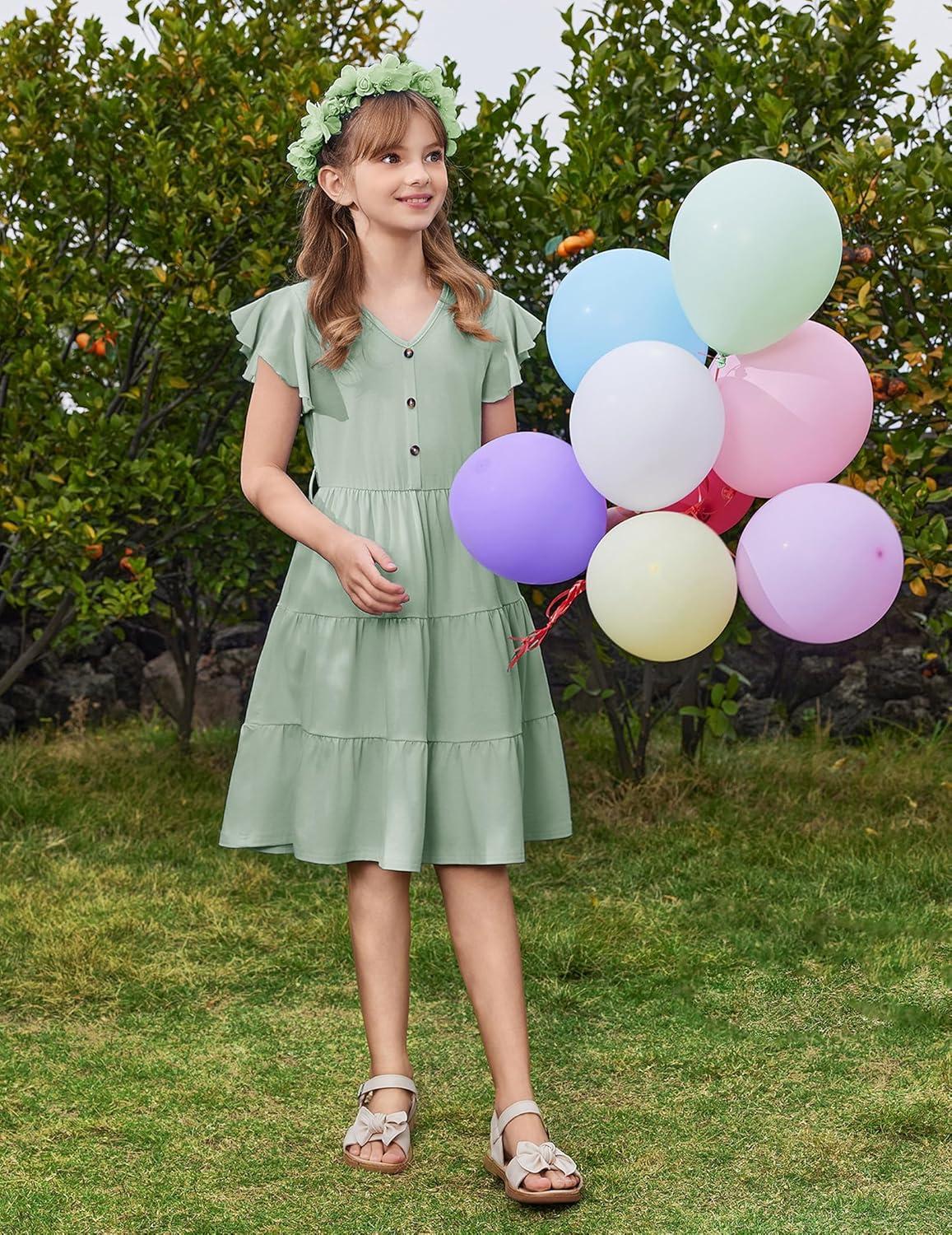 image:imageArshiner Girls Dress Short Sleeve Summer V Neck Button Removable Belt Dresses with Pockets 512 YLight Green