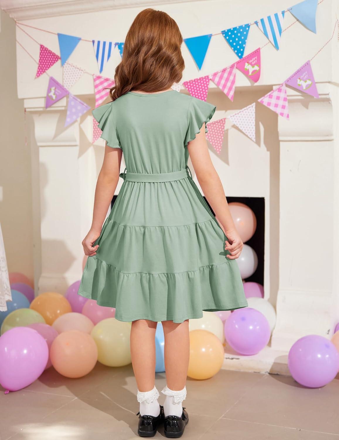 image:imageArshiner Girls Dress Short Sleeve Summer V Neck Button Removable Belt Dresses with Pockets 512 YLight Green