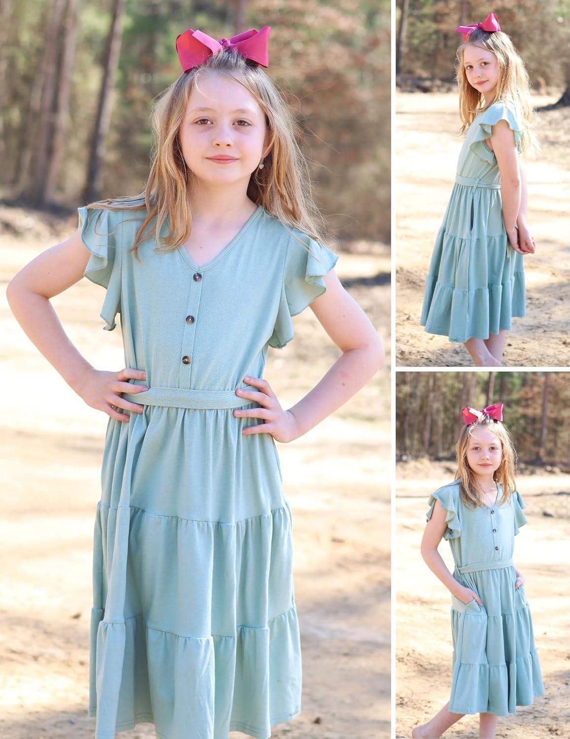 image:imageArshiner Girls Dress Short Sleeve Summer V Neck Button Removable Belt Dresses with Pockets 512 YLight Green