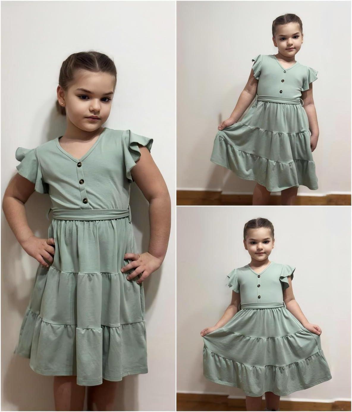 image:imageArshiner Girls Dress Short Sleeve Summer V Neck Button Removable Belt Dresses with Pockets 512 YLight Green