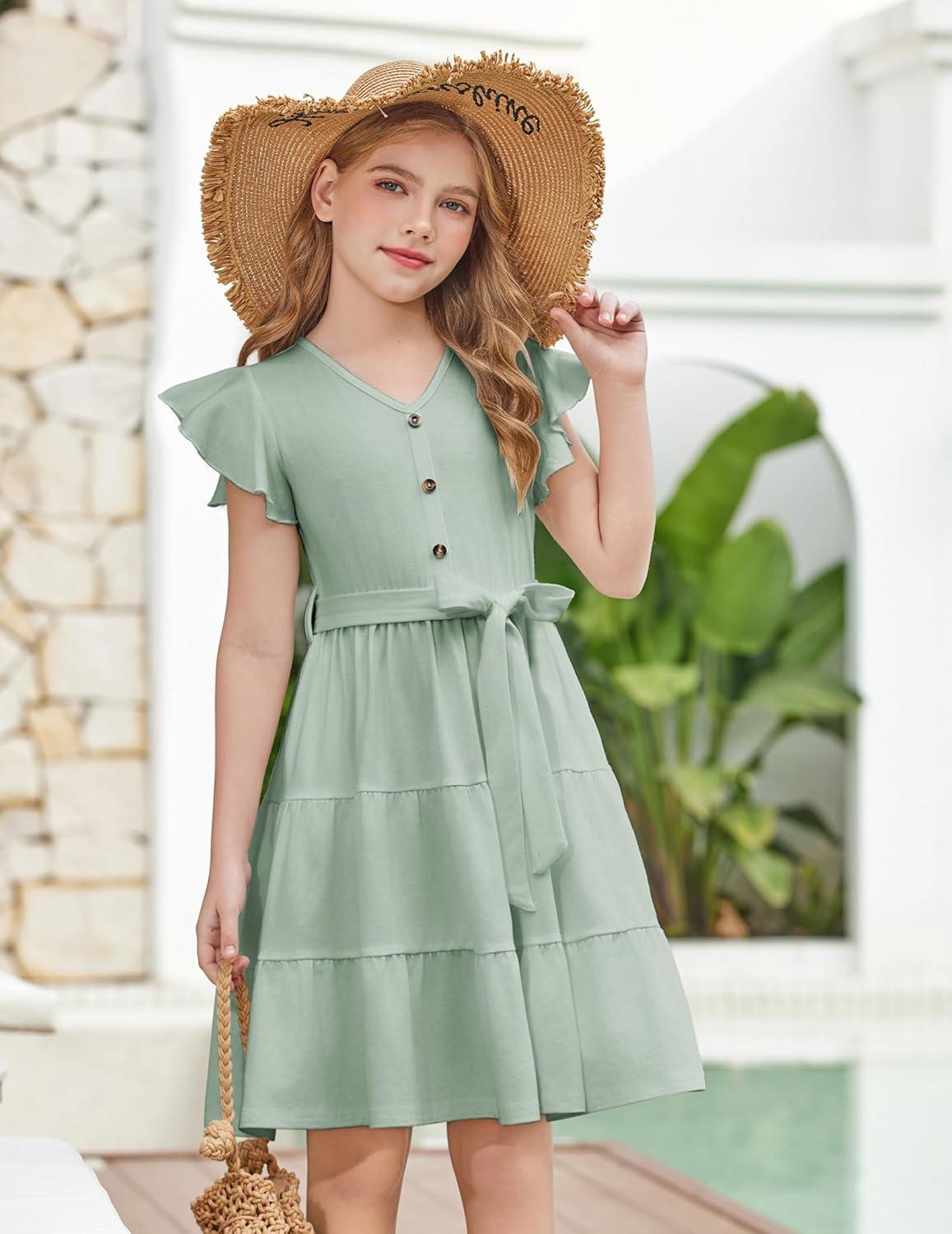 image:imageArshiner Girls Dress Short Sleeve Summer V Neck Button Removable Belt Dresses with Pockets 512 YLight Green