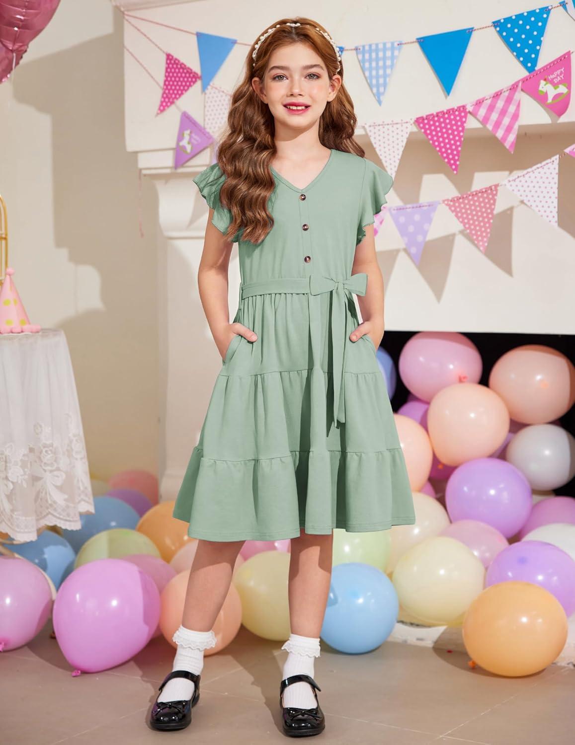 image:imageArshiner Girls Dress Short Sleeve Summer V Neck Button Removable Belt Dresses with Pockets 512 YLight Green
