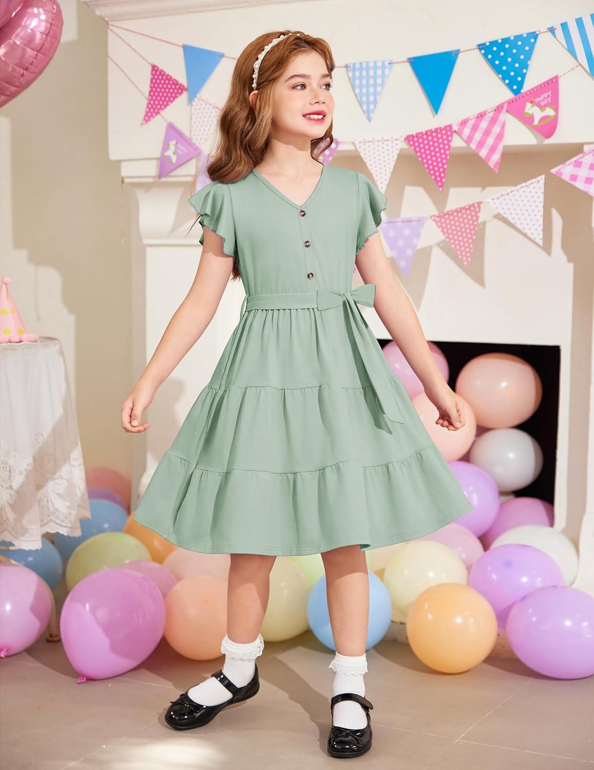image:imageArshiner Girls Dress Short Sleeve Summer V Neck Button Removable Belt Dresses with Pockets 512 YLight Green