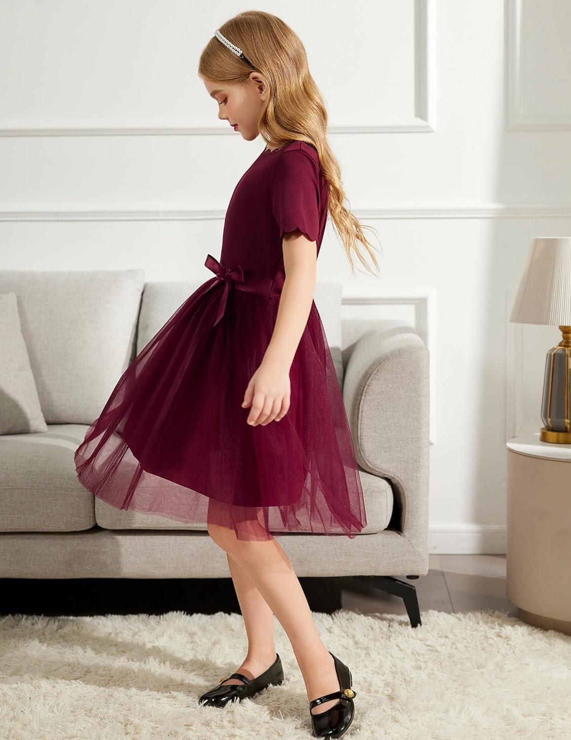 image:imageArshiner Girls Dress Tutu Fluffy Summer Dresses Belted Wedding Party Flower Girls Dress Size 311 YearsWine Red