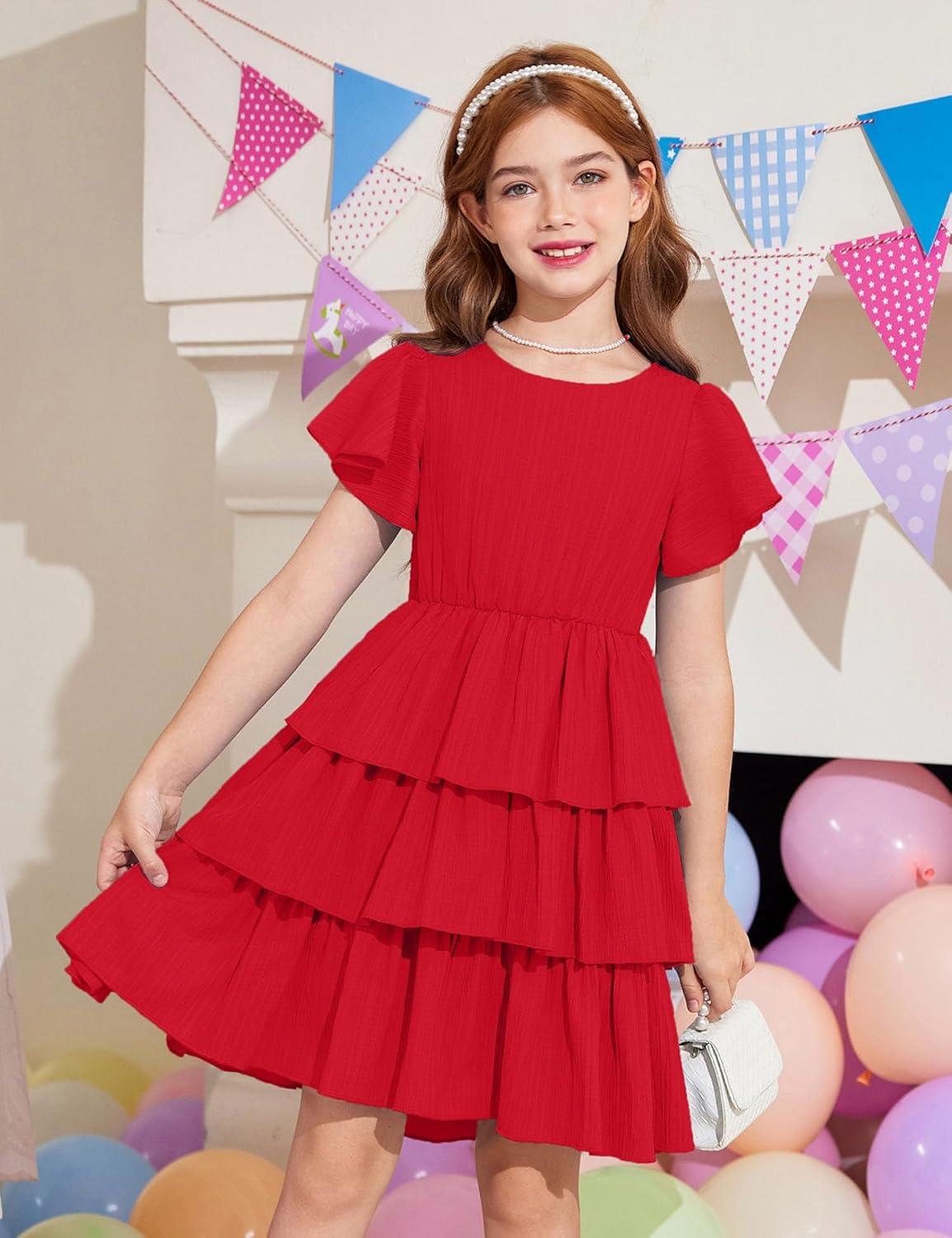 image:imageArshiner Girls Dresses Elegant Ruffle Short Sleeve Back Tie Tiered DressesRed