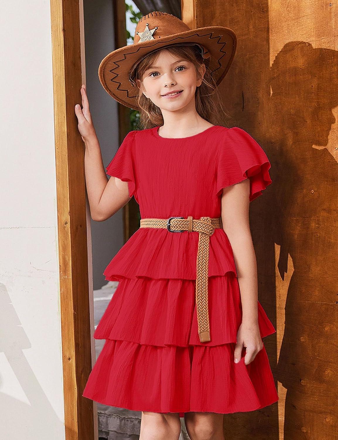 image:imageArshiner Girls Dresses Elegant Ruffle Short Sleeve Back Tie Tiered DressesRed