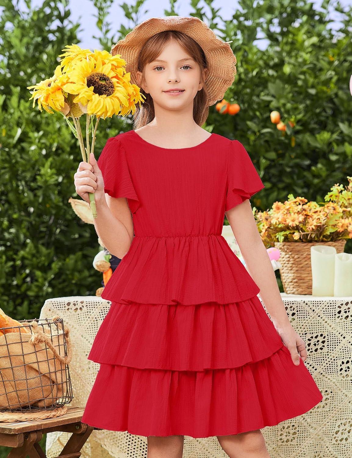 image:imageArshiner Girls Dresses Elegant Ruffle Short Sleeve Back Tie Tiered DressesRed