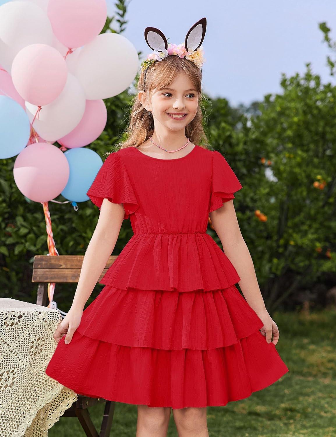 image:imageArshiner Girls Dresses Elegant Ruffle Short Sleeve Back Tie Tiered DressesRed