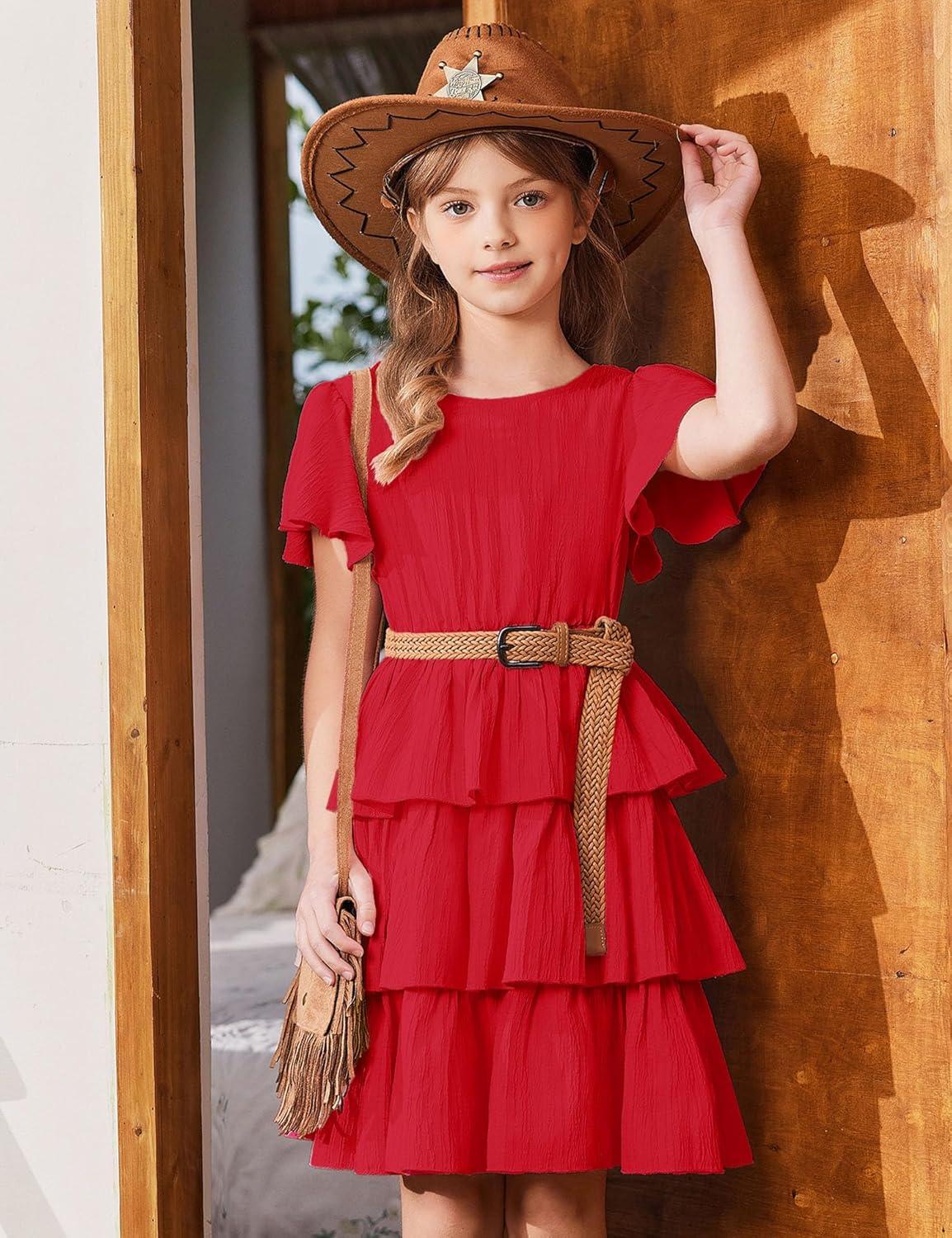 image:imageArshiner Girls Dresses Elegant Ruffle Short Sleeve Back Tie Tiered DressesRed