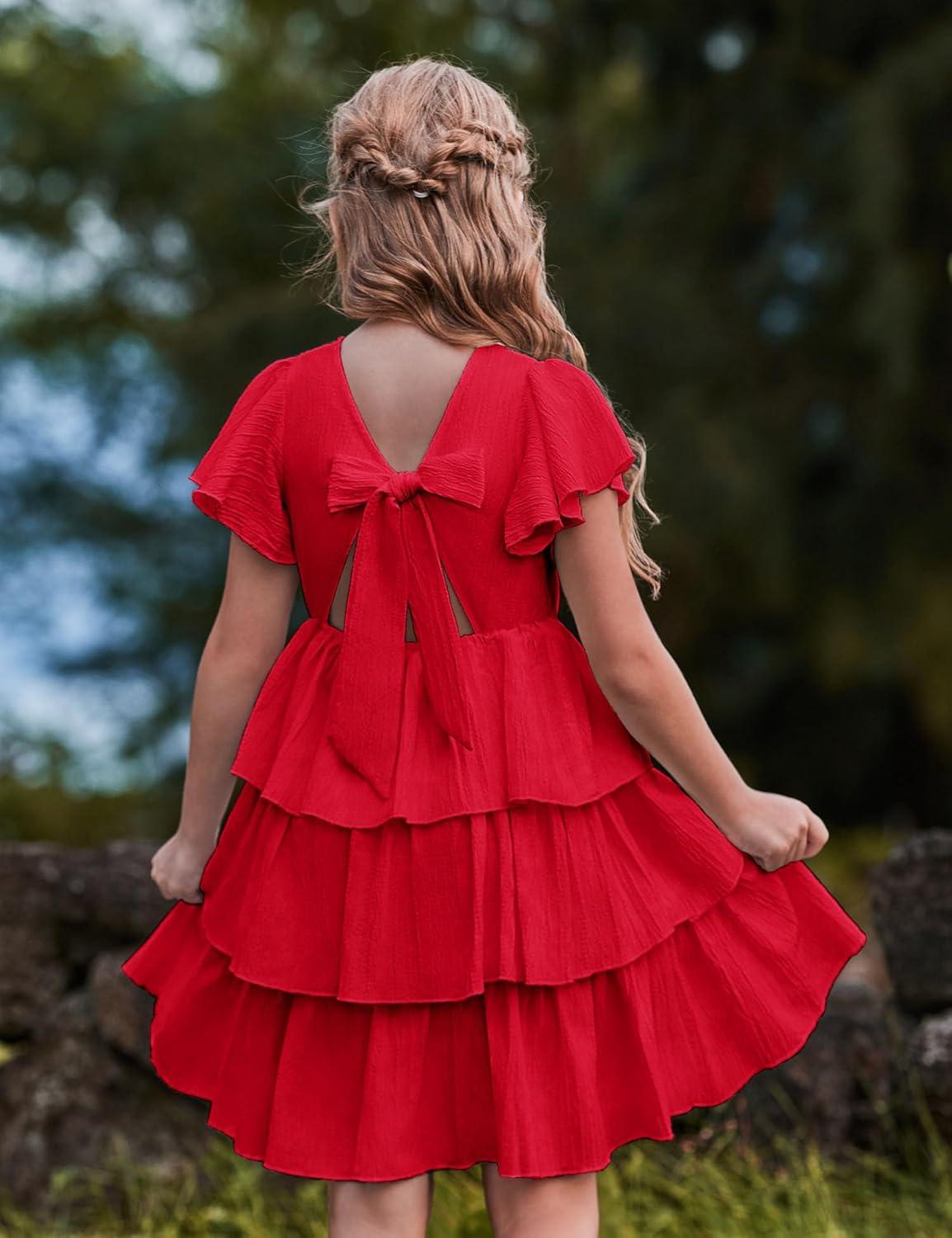 image:imageArshiner Girls Dresses Elegant Ruffle Short Sleeve Back Tie Tiered DressesRed