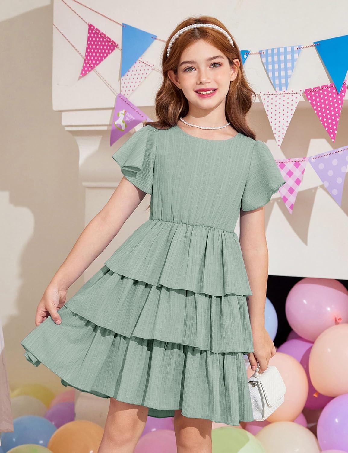image:imageArshiner Girls Dresses Elegant Ruffle Short Sleeve Back Tie Tiered DressesSage Green