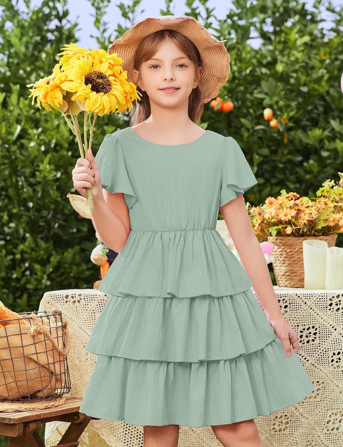 image:imageArshiner Girls Dresses Elegant Ruffle Short Sleeve Back Tie Tiered DressesSage Green