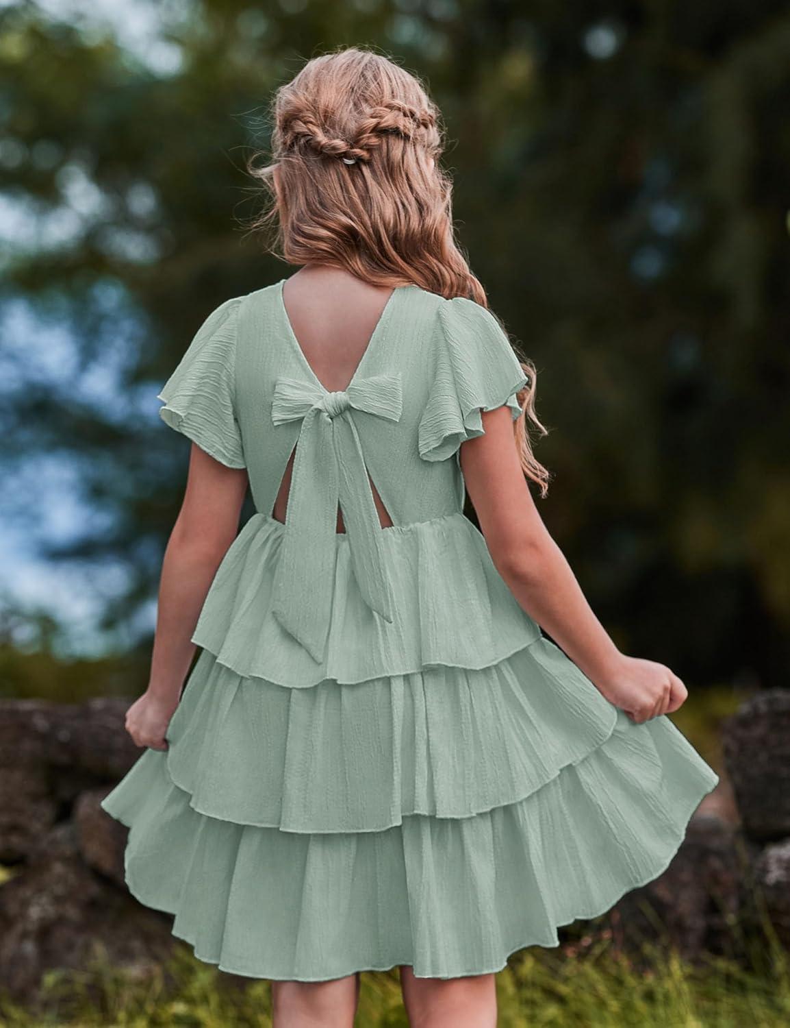 image:imageArshiner Girls Dresses Elegant Ruffle Short Sleeve Back Tie Tiered DressesSage Green