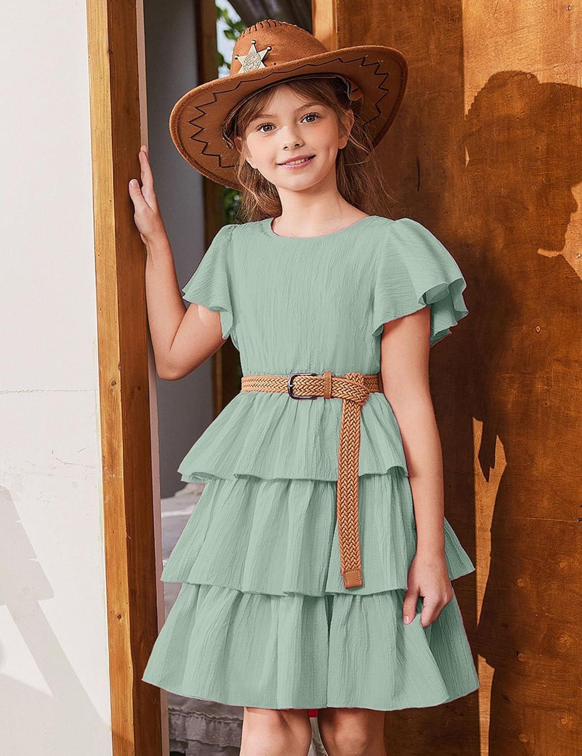 image:imageArshiner Girls Dresses Elegant Ruffle Short Sleeve Back Tie Tiered DressesSage Green