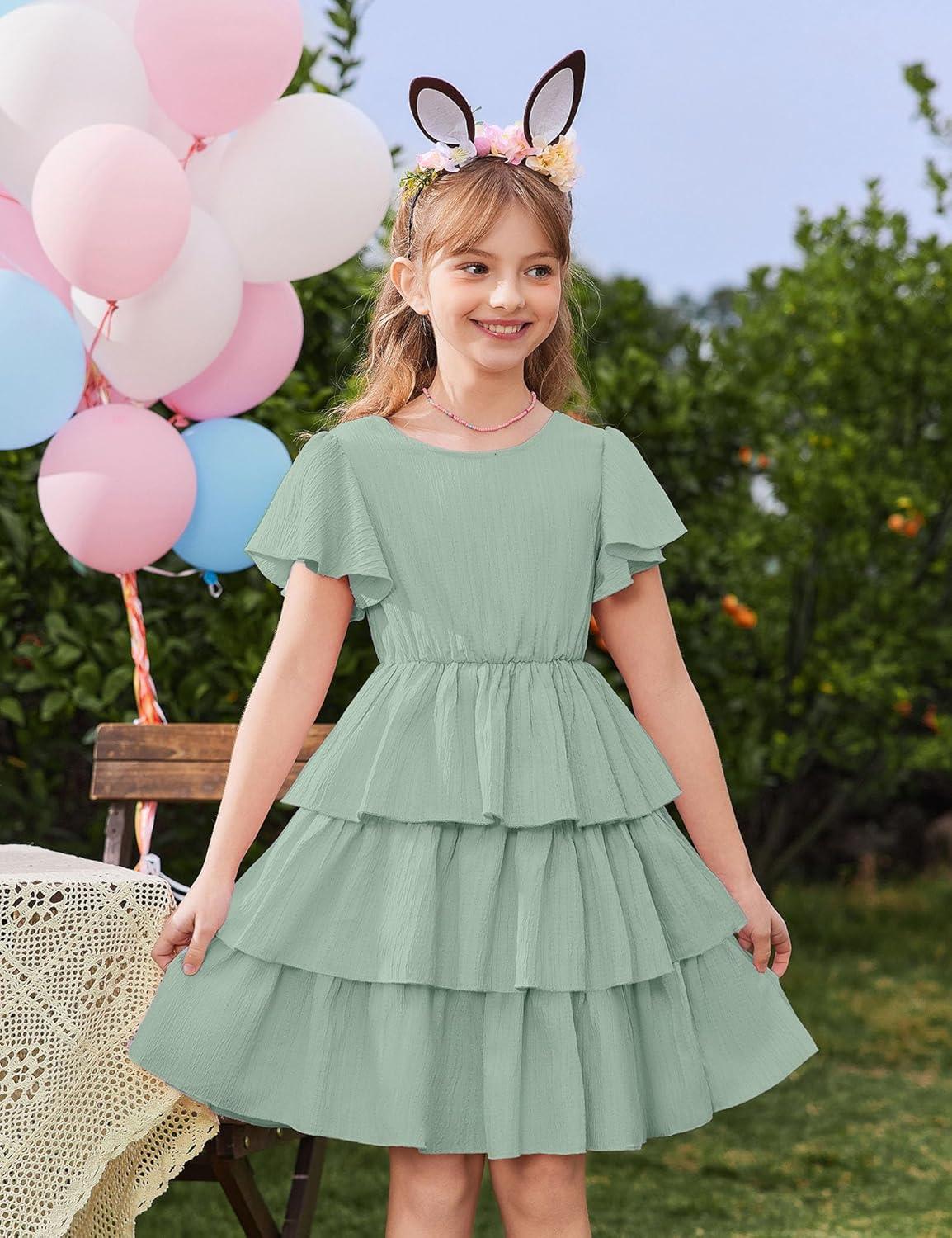 image:imageArshiner Girls Dresses Elegant Ruffle Short Sleeve Back Tie Tiered DressesSage Green