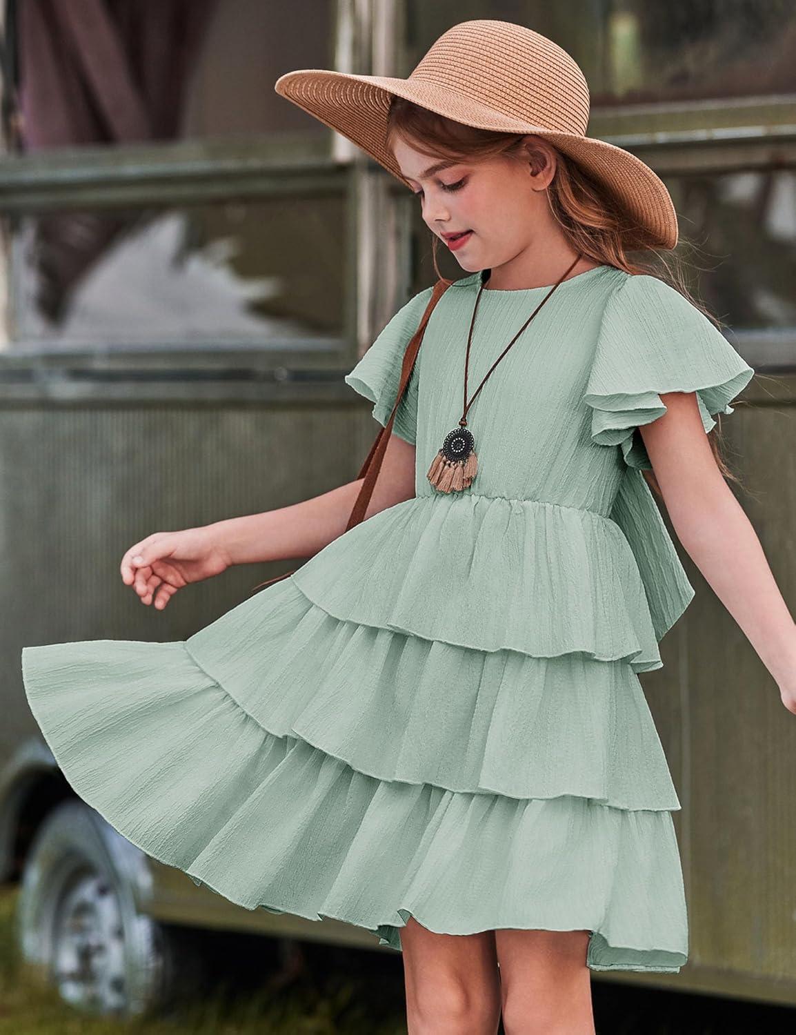 image:imageArshiner Girls Dresses Elegant Ruffle Short Sleeve Back Tie Tiered DressesSage Green