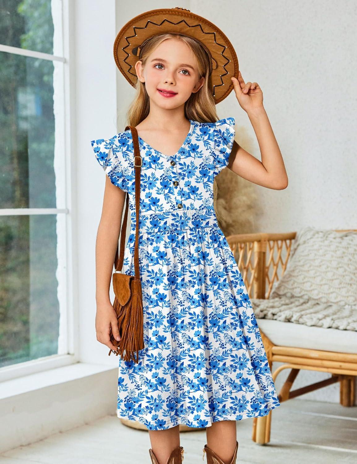 image:imageArshiner Girls Dresses Ruffle Sleeve ALine VNeck Sundress Summer Swing Midi Dress with PocketsBlue Floral
