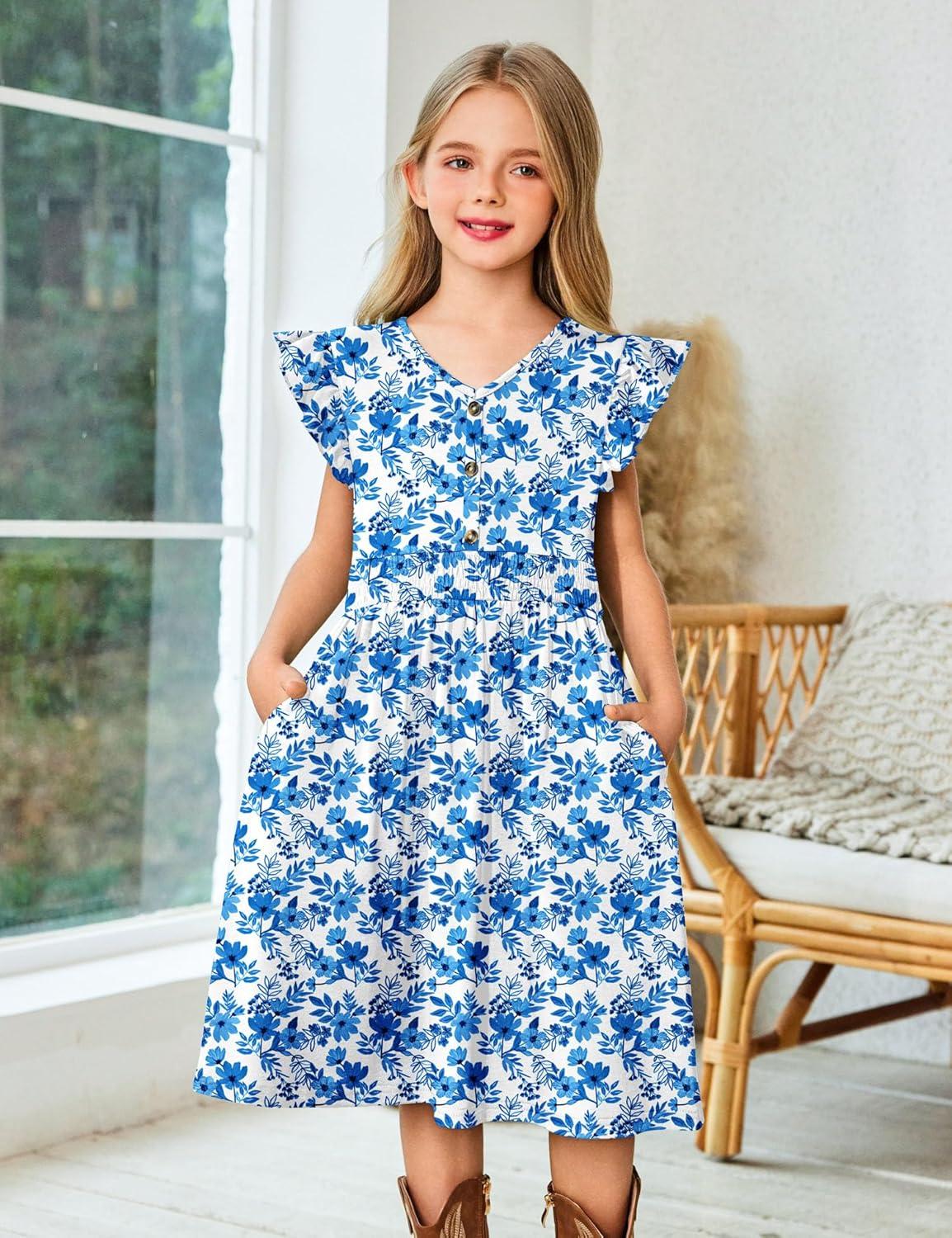 image:imageArshiner Girls Dresses Ruffle Sleeve ALine VNeck Sundress Summer Swing Midi Dress with PocketsBlue Floral