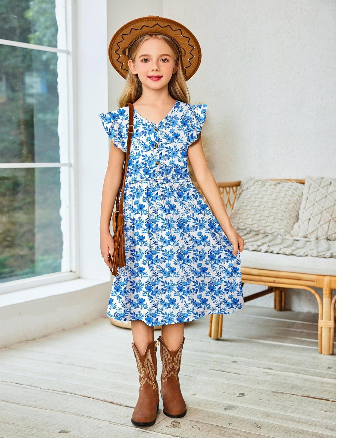 image:imageArshiner Girls Dresses Ruffle Sleeve ALine VNeck Sundress Summer Swing Midi Dress with PocketsBlue Floral