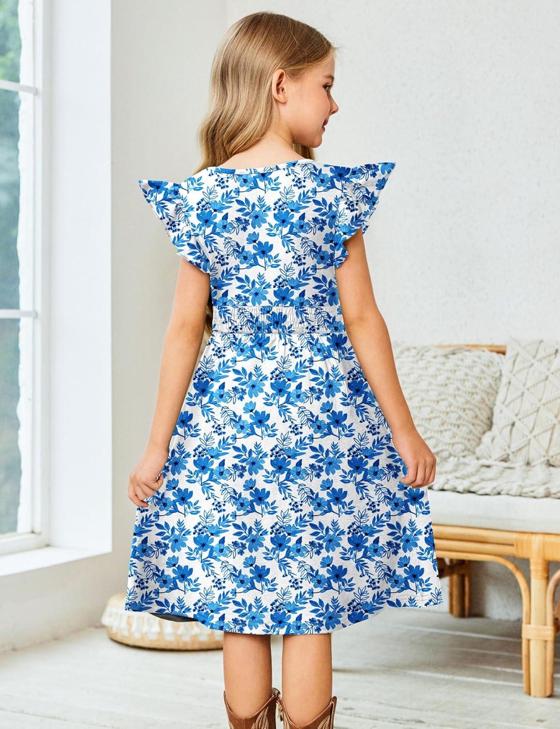 image:imageArshiner Girls Dresses Ruffle Sleeve ALine VNeck Sundress Summer Swing Midi Dress with PocketsBlue Floral