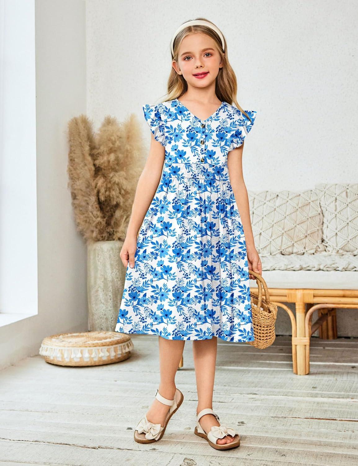 image:imageArshiner Girls Dresses Ruffle Sleeve ALine VNeck Sundress Summer Swing Midi Dress with PocketsBlue Floral