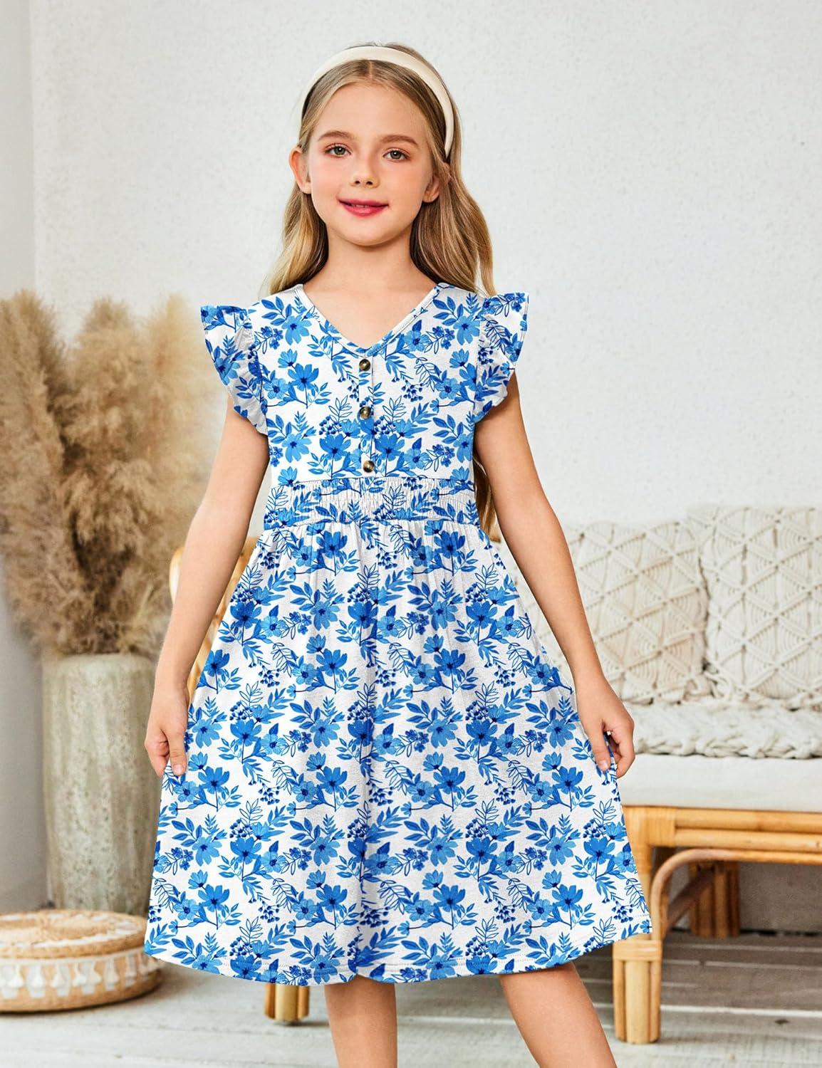 image:imageArshiner Girls Dresses Ruffle Sleeve ALine VNeck Sundress Summer Swing Midi Dress with PocketsBlue Floral