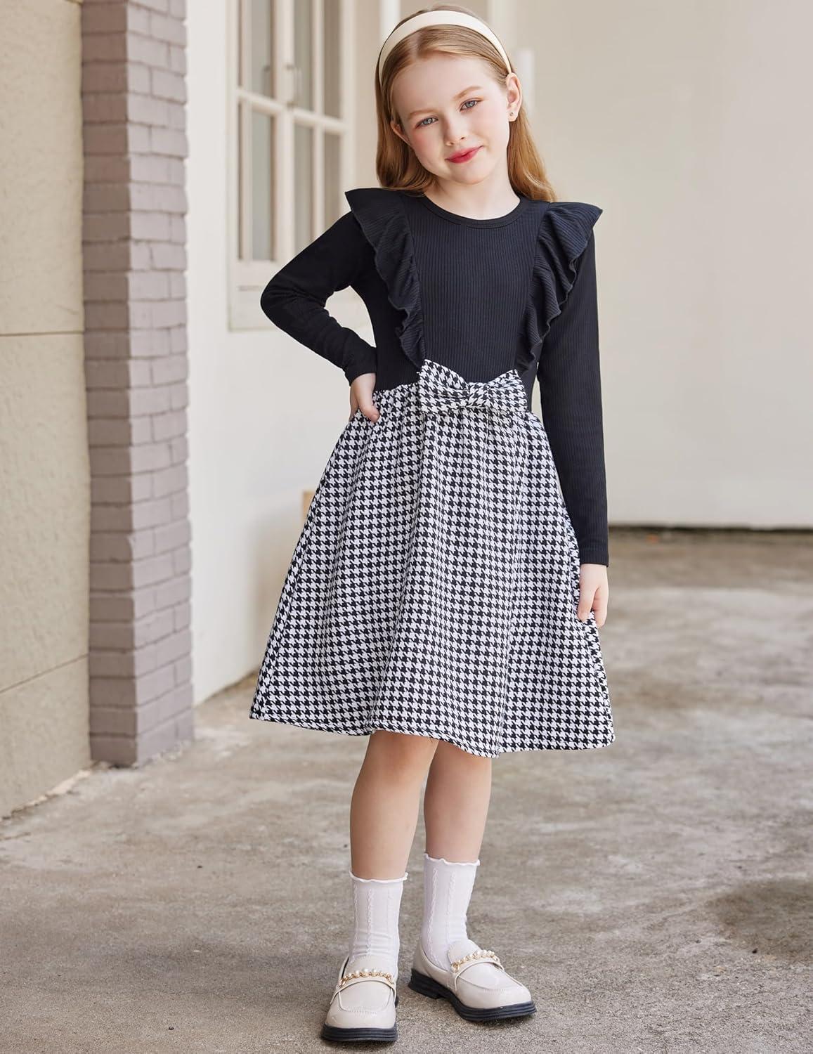 image:imageArshiner Girls Fall Winter Dress Plaid Ribbed Ruffles Long Sleeve Dresses Cute Bowknot Little Girls Clothes 26 YearsBlack Houndstooth
