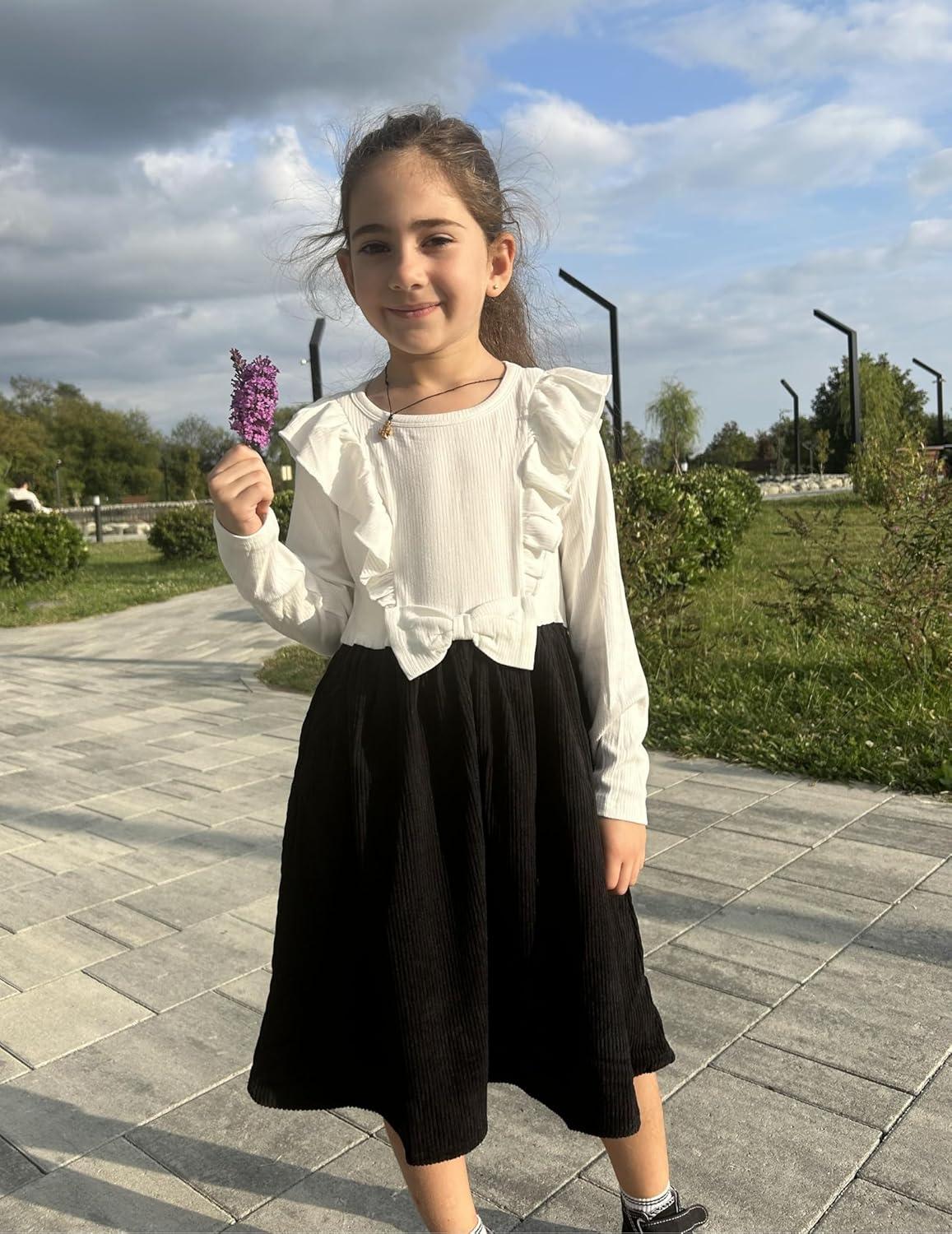 image:imageArshiner Girls Fall Winter Dress Plaid Ribbed Ruffles Long Sleeve Dresses Cute Bowknot Little Girls Clothes 26 YearsWhite Black