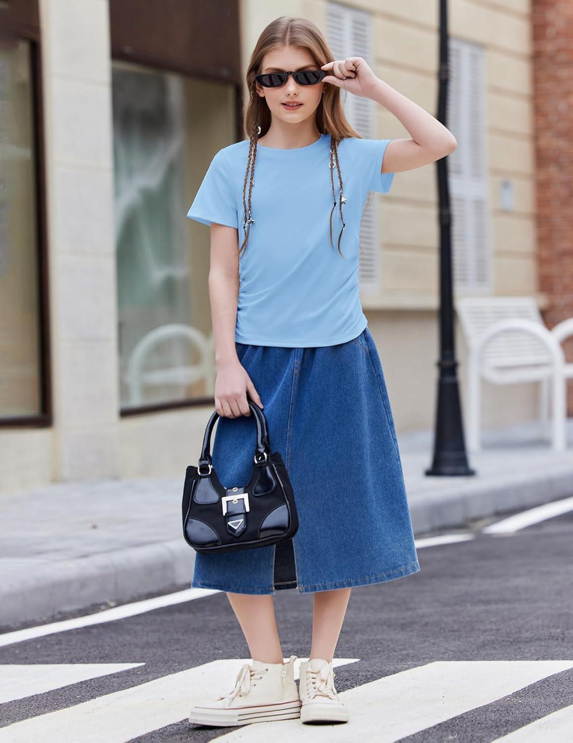 image:imageArshiner Girls Shirts Side Ruched Short Sleeve Crewneck Fitted Tops Casual Summer Soft Tee Clothes 512 YearsBlueWhite