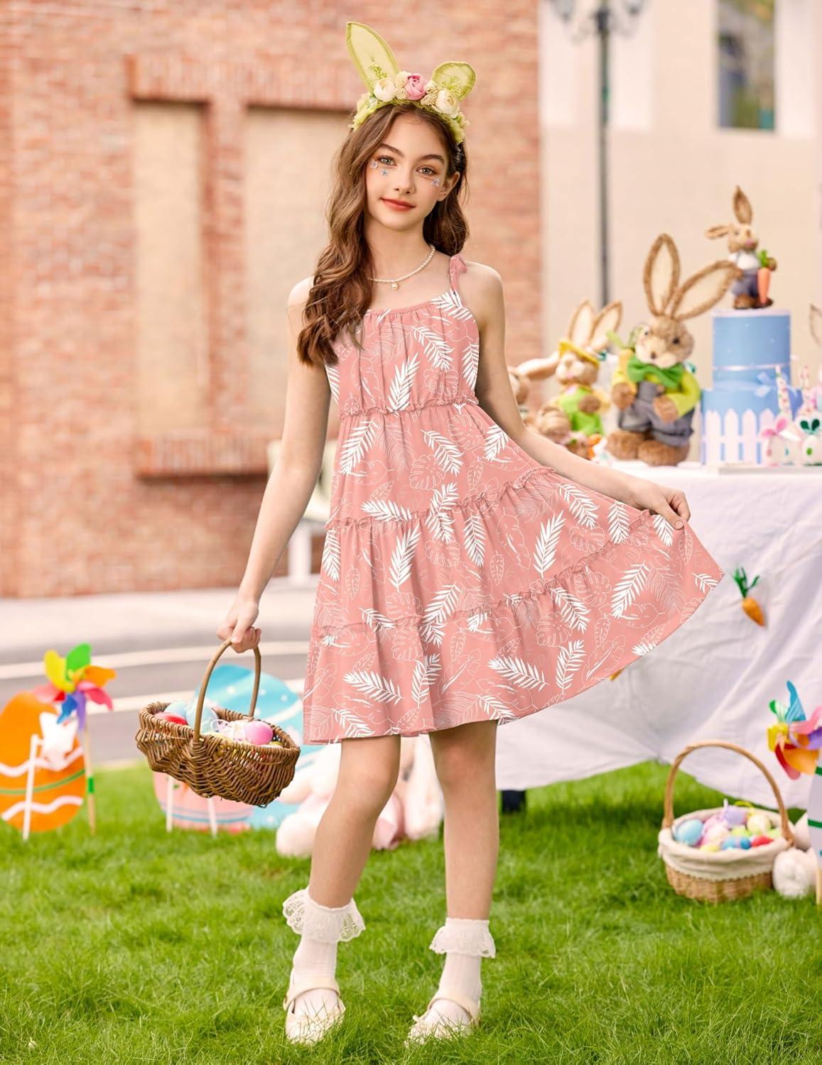 image:imageArshiner Girls Summer Sundress Boho Spaghetti Strap Ruffled Tiered Dresses Casual Midi Cami DressBpinkhawaiian