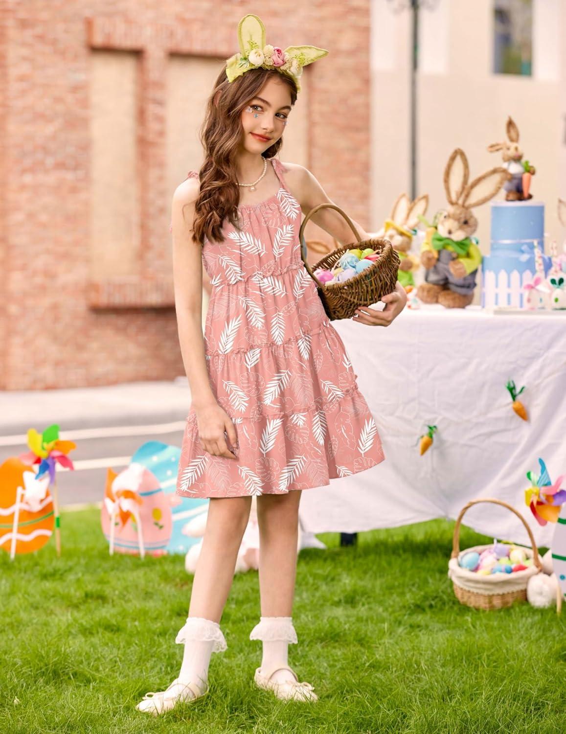 image:imageArshiner Girls Summer Sundress Boho Spaghetti Strap Ruffled Tiered Dresses Casual Midi Cami DressBpinkhawaiian