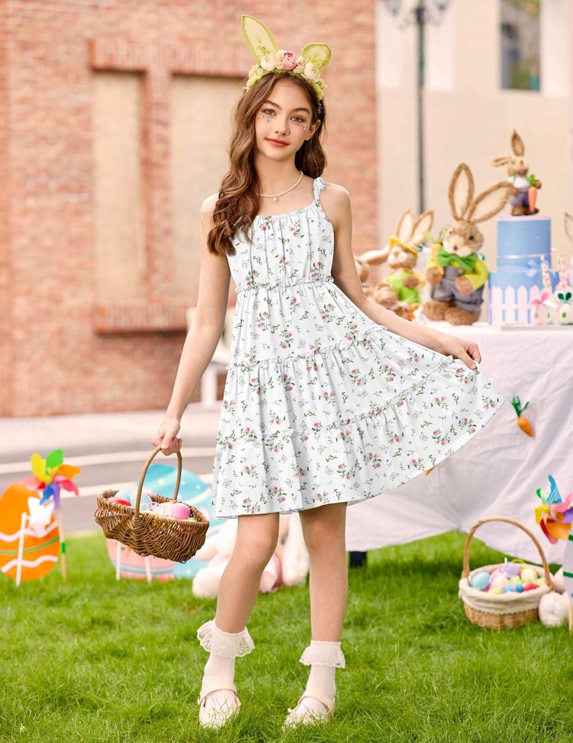 image:imageArshiner Girls Summer Sundress Boho Spaghetti Strap Ruffled Tiered Dresses Casual Midi Cami DressPink and Whitefloral
