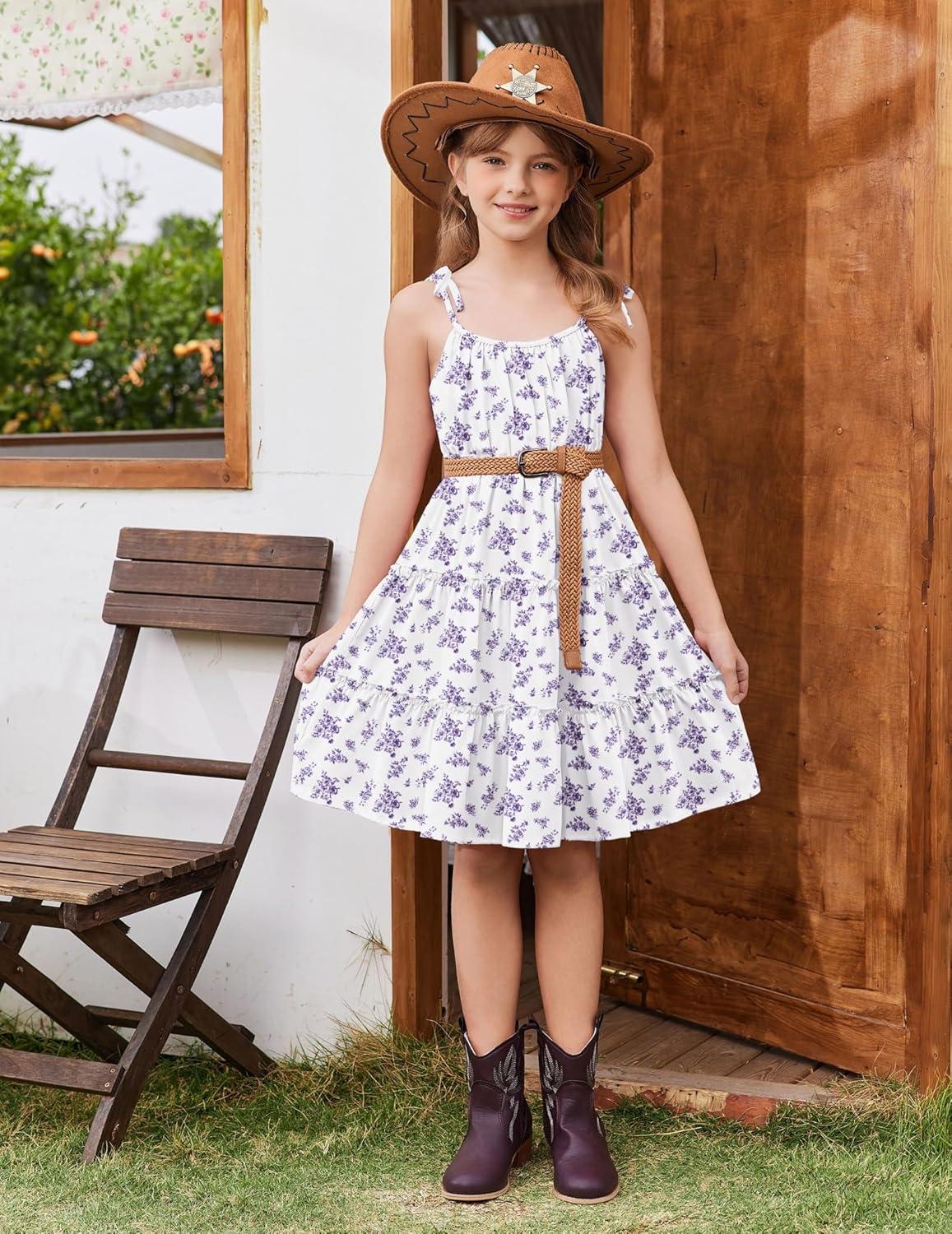 image:imageArshiner Girls Summer Sundress Boho Spaghetti Strap Ruffled Tiered Dresses Casual Midi Cami DressPurple and Whitefloral