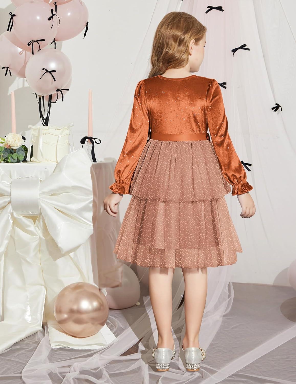 image:imageArshiner Girls Velvet Tutu Dress Toddler Puff Long Sleeve Tiered Tulle Fall Winter Party Dresses with RibbonBrown Sequin